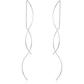 Reffeer Solid 925 Sterling Silver Double Linear Curved Tassel Earrings Threader Drop Dangle Earrings for Women Teens