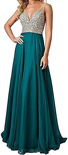 QSYE Women's Beaded Prom Dreeses Long V-Neck Chiffon Evening Gowns 2017 Teal,12