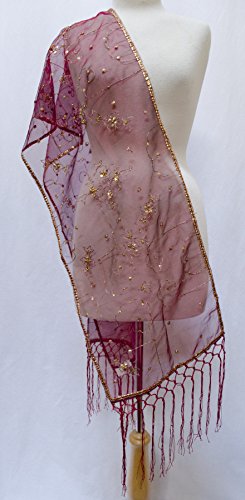 Gulshan Sequin Sheer Silk Organza Stole Shawl Scarf Wrap Table Runner Fringe Burgundy Red Gold