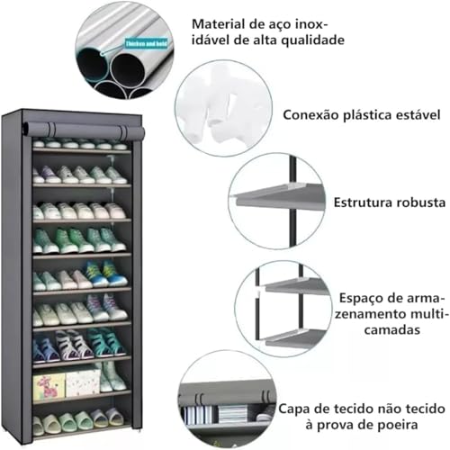 Porta Sapatos Sapateira Fechada Armário Organizador Dobrável 9 Prateleiras