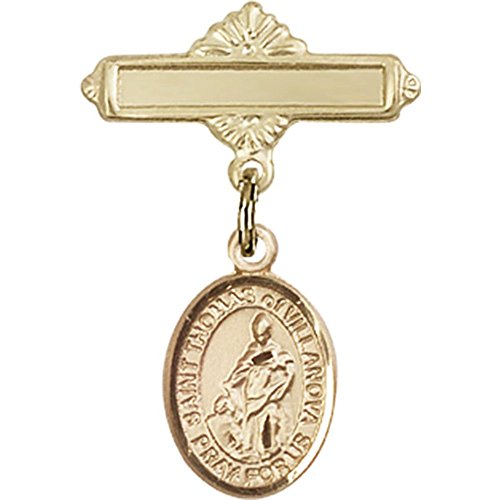 14kt Yellow Gold Baby Badge with St. Thomas of Villanova Charm and Polished Badge Pin 1 X 5/8 inches