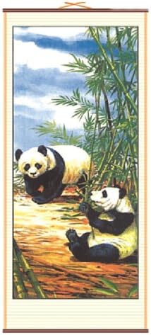 Asian Panda Bears ~ Rattan Scroll Picture Oriental Art Ratan Decor Feng Shui