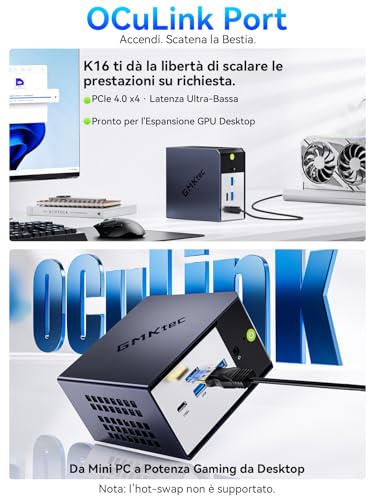 GMKtec K16 Mini PC AMD Ryzen 7 7735HS (8 core/16 thread, 4,75 GHz), Gaming Mini Computer 32 GB RAM LPDDR5 6400 MT/s + SSD da 1 TB, Doppia NIC LAN 2,5 GbE, Oculink, USB4, HDMI, USB-C