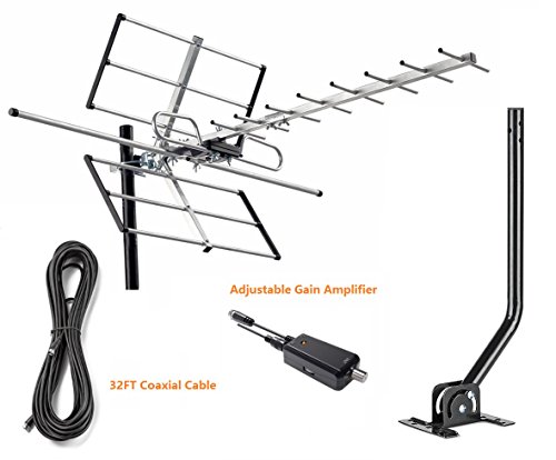 McDuory Digital Outdoor HDTV Antenna with Adjustable Gain Amplifier, 120 miles range, Tools Free Installation, Strong at VHF/UHF, Mounting Pole and 32FT Coax Cable Included