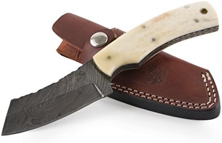 Knives Ranch Damascus Steel Knives 8" Fixed Blade Knife – Bone Handle with Brass Liner INCLUDES: Leather Vertical Belt Loop Sheath