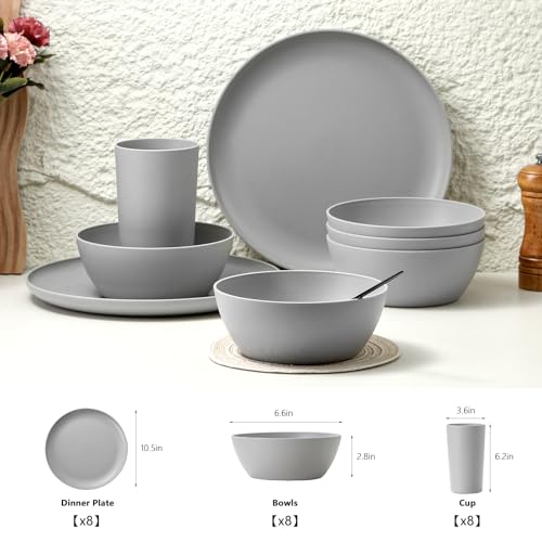 24 Piece Dinnerware Set, Unbreakable Plastic Plates Bowls Cups Set, BPA Free Reusable Tableware for Camping, Picnic, Home, Kitchen, Dishwasher Safe (Grey)