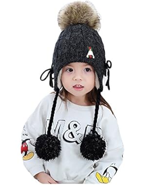 Boys Girls Drawstring Helmet Hat Knitted Earcuff Hat Pompom Flap Cap