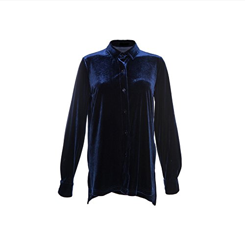 HaoDuoYi Womens Turn-down Collar Long Sleeve Velvet Boyfriend Shirt(XL,Dark Blue)