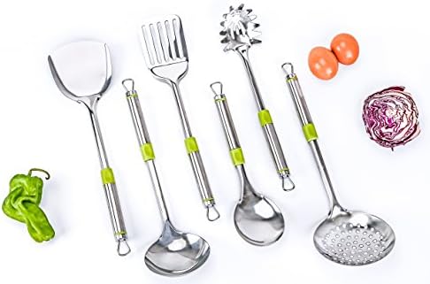 Dawin Home Kitchen Cooking Utensil Set-Stainless Steel Cookware Set for Home and Kitchen,6 Pieces- Skimmer, Turner,Spaghetti Spoon,Slotted Spatula,Soup Ladle and Rice Spoon