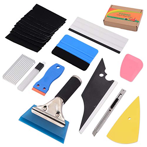 FOSHIO 10 in 1 Auto Vinyl Wrap Tool Kit Include Rubber Contour Squeegee, Blue Card Squeegee and Fabric Felt, Plastic Razor Scraper, Film Cutter and Blades, Scratch-Proof Window Tint Application Tools