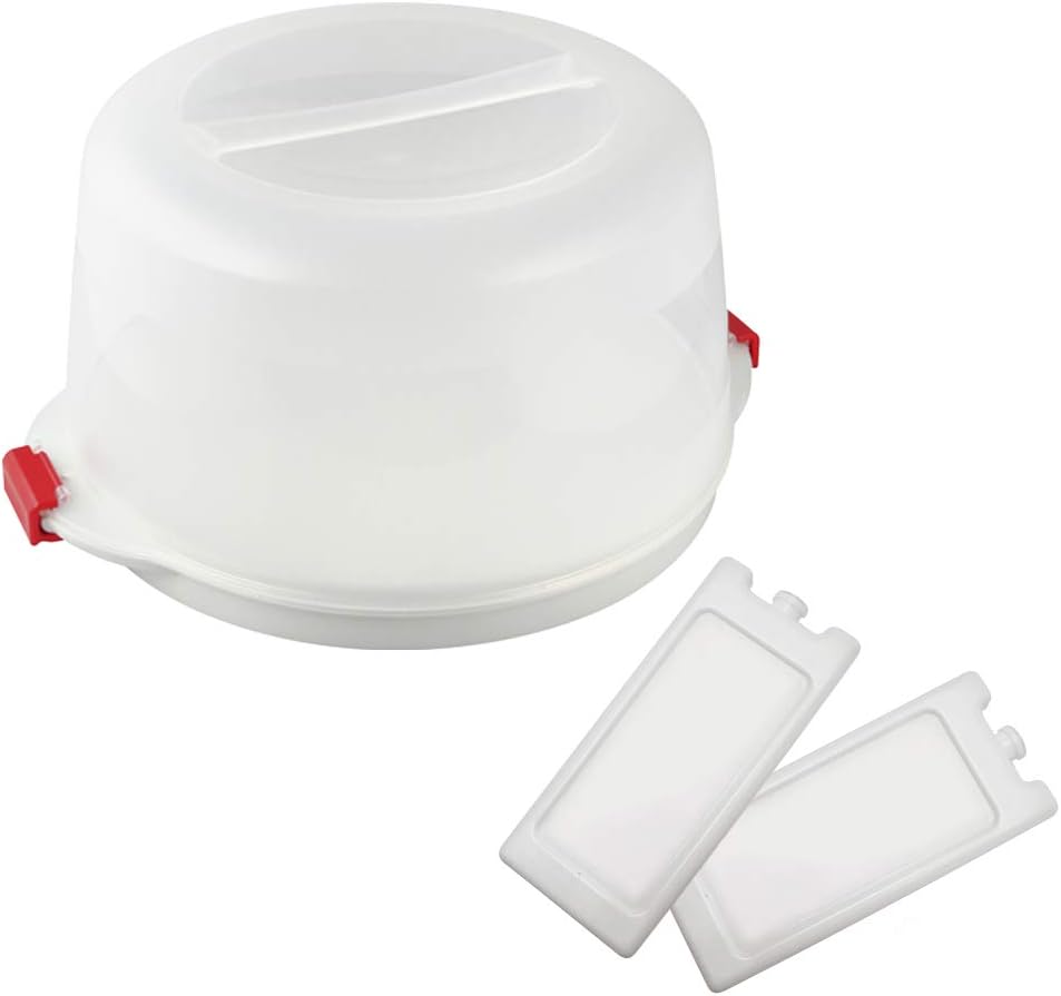 Dr. Oetker Kuchentransportbox Ø 38 x 19 cm Bake & GO, für alle gängigen Kuchengrößen, Tortenbutler mit Tragehenkel und Fach für Kühlakkus, inklusive Akkus (Farbe: Transparent/Rot), Menge: 1x 3er Set