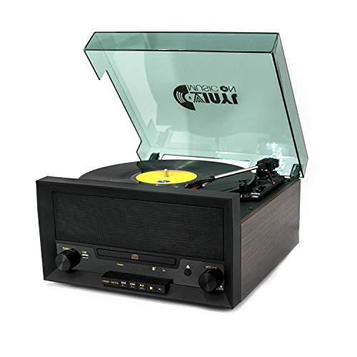 8-in-1 Turntable Music Center with Built-in Stereo Speakers,Nostalgic Classic Wood Bluetooth Record Player with USB Play&Encoding，CD Player and FM Radio