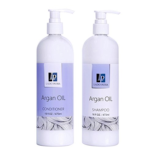 LADO PETRA Natural Moroccan Argan Oil Shampoo and Conditioner Set (2 x 16 Oz) - Vitamin Enriched & Volumizing Treatment for Hair Loss, Damage, Thinning and Regrowth for Men, Women & All Hair Types