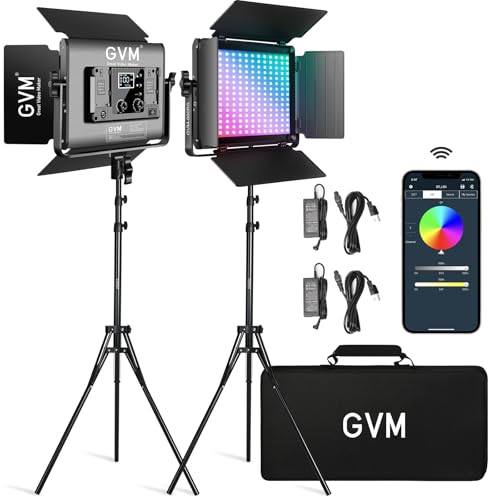 GVM LED Video Light with Tripod, 880RS 60W RGB Studio Light Video Light Panel 3200K-5600K 11200Lux/0.5 m Photography Continuous Light for YouTube Studio Film Light Streaming, 18 Light Effect, App Control, CRI97+