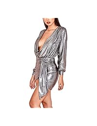 Ophestin vestido de fiesta de manga larga con purpurina metálica y cuello en V profundo sexy para mujer