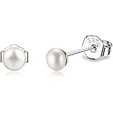 SILBERTALE Pearl Stud Earrings Sterling Silver Small Tiny 3-5mm White Freshwater Pearl Earrings Studs Silver/Gold for Women