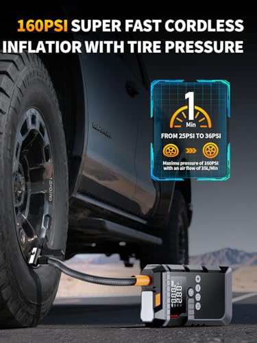 Car Jump Starter with Air Compressor, 6000A 160PSI Booster Pack(All Gas/12L Diesel), Battery Power Pack with Jump Cables, Car Battery Booster Jump Starter with Lights, Gloves