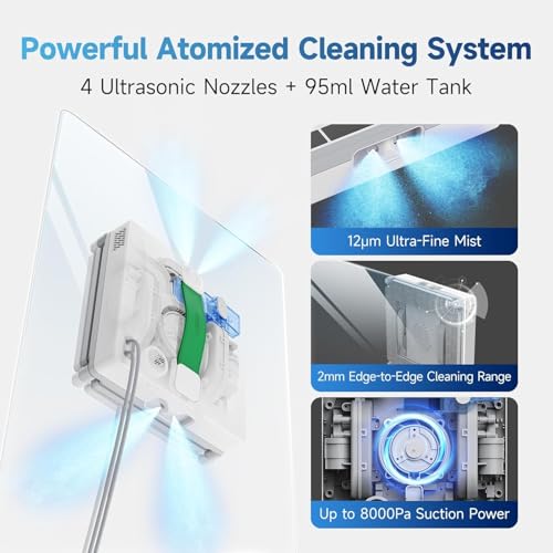 Fmart W8 Mini Robo limpa vidro, 8000Pa, Ultrafino, Spray ultrassônico 4 vias, limpeza de bordas, Rota Inteligente, segurança em 9 níveis, Controle por App e Controle Remoto.