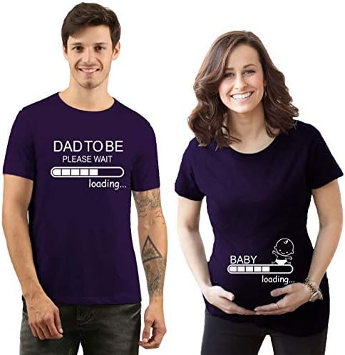 Jopo Dad to Be Baby Loading Please Wait Matching Pregnant Announcement Couple Cotton T-Shirts for Men and Women (Black-Navy-White Size S to XXL - Set of 2)