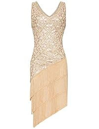 BABEYOND Vestido vintage flapper lentejuelas Gatsby con flecos, vestido de fiesta de los años 20 con cuello en V
