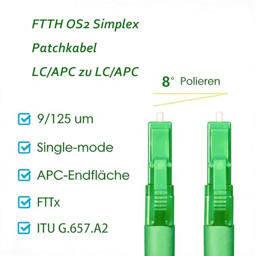 Elfcam® Fibre Optic Cable Simplex LC/APC 8° to LC/APC 8° Connector, 9/125 μm OS2 Patch Cable LSZH, FTTH Fibre Optic Cable, White (10 m)