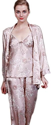 Women's Comfy Silk Pajamas Sleepwear 3 Piece Sets (X-Large, Beige)