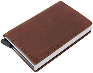 2018 Unisex Genuine Leather Card Holder Vintage Purse Crazy Horse Leather Rfid Aluminium Credit Business Card Holder (Brown)