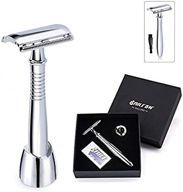 Heavy Duty Chrome Plated Long Handle Safety Razor Lengthen Version with Handle Stand Extra 10 Double Edge Dorco Blades + Mini Cleaning Brush &amp; Pouch Manual Shaving Kit Set in Gift Box