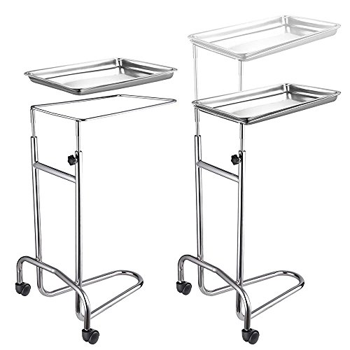 Rolling Mayo Instrument Stand Twin-Wheel w/ Removable Stainless Steel Tray Stainless Steel Adjustable Height Silver Tray Doctor Medical Tools Salon Tattoo Equipment