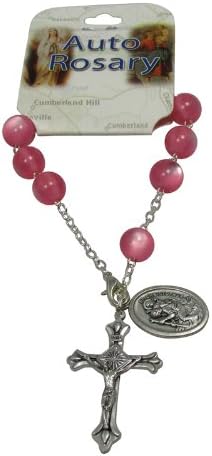 Single Decade Rose Pink Auto Travel Rosary with Clasp, 8mm Glass Beads