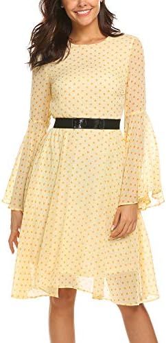 Hersife Women Polka Dot Flare Long Sleeve Casual Chiffon Swing Dress w Belt