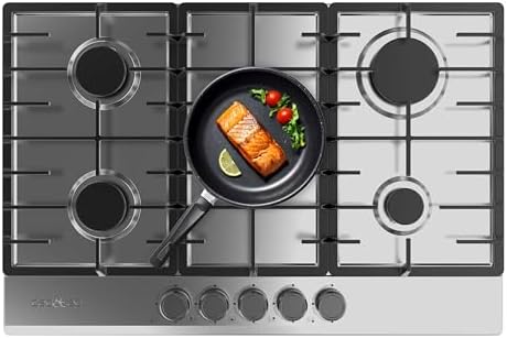 Bolero Squad GN 5200F - Piastra a gas a 5 fuochi in acciaio inox, 11 kW, pronta per gas naturale, acciaio inox, griglie complete in ghisa, bruciatore wok, accensione elettrica