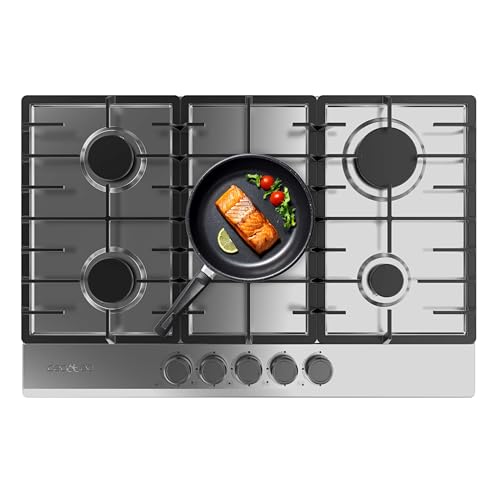 Bolero Squad GN 5200F - Piastra a gas a 5 fuochi in acciaio inox, 11 kW, pronta per gas naturale, acciaio inox, griglie complete in ghisa, bruciatore wok, accensione elettrica