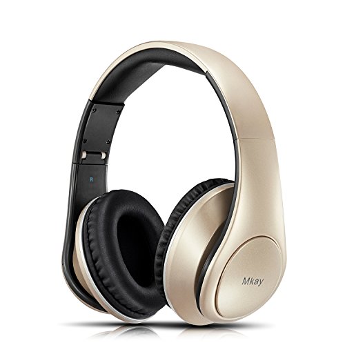 Bluetooth Headphones Over Ear, Mkay Wireless Stereo Headset V4.2 with Deep Bass, Foldable & Lightweight, Perfect for Cell Phone/TV/PC/Travelling (Gold)