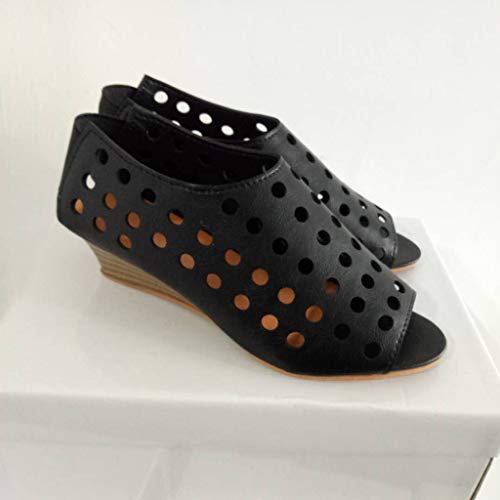 ★QueenBB★ Women's Retro Hollow Out Open Toe Slip On Wedge Sandals with Elastic Band Black