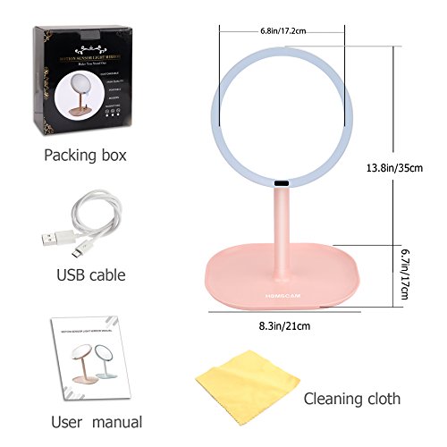 Vanity Mirror with Vanity Lights Makeup Mirror with Infrared Body Sensor LED Lighted Make Up Mirror 360 Degree Free Rotation Table Countertop Vanity Mirrors (Pink)