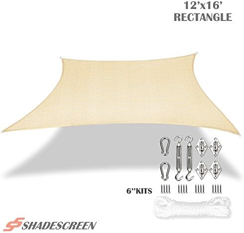 Shade Screen 12' x 16' Sun Shade Sail for Patio Backyard Deck UV Block Fabric with 6 inch Hardware Kit - Rectangle Beige