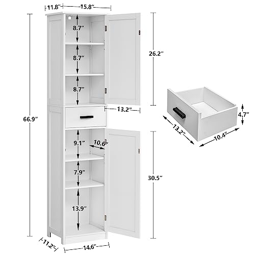 WEENFON 67" H Bathroom Storage Cabinet with 2 Doors & 1 Drawer, Tall Bathroom Cabinet with 6 Shelves, Narrow Bathroom Storage, for Bathroom, Living Room, Kitchen, White, 30×40×170CM