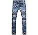MAGE MALE Men'/s Ripped Biker Jeans Slim Fit Straight Destroyed Trousers With Zipper Deck Blue 28 W
