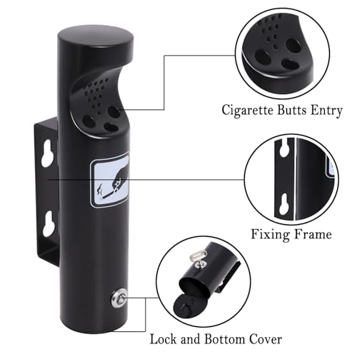 Poweka Stainless Steel Wall Ashtray with Lock for Restaurants, Hotels Offices and Balconies (Black, 2 Pieces)