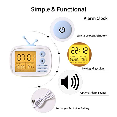 Alarm Clock for Kids, One Fire LED Digital Alarm Clock with Snooze Function Wake Up Light with 5 Loud Sounds, Easy to Operate Time Memory Temperature Display and USB Charging Port Girls Gifts (White)