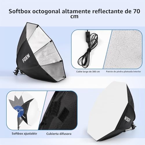 FGen 120W Octogonal Softbox with 3000-6500K LED Bulb, 2M Thicker Light Stand, Suitable for Studio Photography, Youtube and TikTok Video Recording.