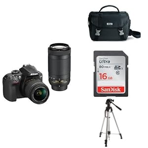 Nikon D3400 w/ AF-P DX NIKKOR 18-55mm f/3.5-5.6G VR & AF-P DX NIKKOR 70-300mm f/4.5-6.3G ED (Black) + 16GB Memory Card, Bag and Tripod