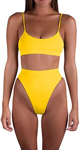 Women's Sexy High Cut High Waist Two Piece Bathing Suit Bikini Swimwear Yellow Small