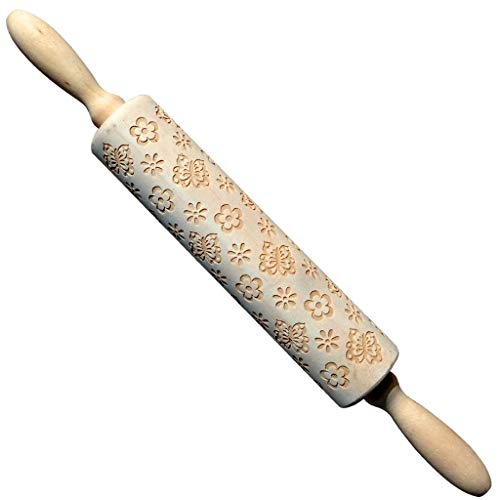 Valentine's Day Wooden Rolling Pins, Wenini Engraved Carved Embossed Rolling Pin with Valentine's Day Symbols for Baking Embossed Cookies for Kitchen Tool (Butterfly)