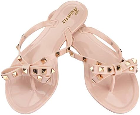 Womens Rivets Bowtie Flip Flops Jelly Thong Sandal Rubber Flat Summer Beach Rain Shoes