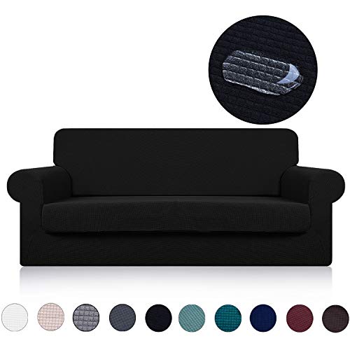 Large Sofa Cover with Separate Seat Cushion Cover(2 Pieces Set) - Water Repellent,Knitted Jacquard,High Stretch - Living Room Couch Slipcover/Protector/Shield for Dog Cat Pets(4 Seater Sofa,Black)