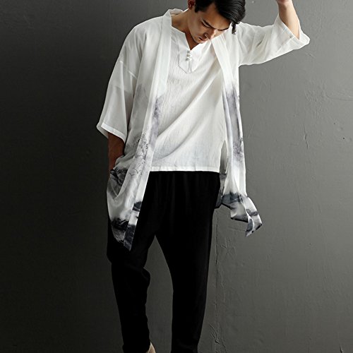 LZJN Men's Lightweight Open Front Cardigans Vintage Chinese Style Chiffon Print Cape Kimono (One Size) - Thumbnail 5
