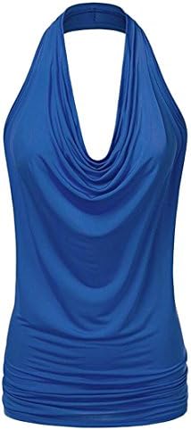 KLJR Womens Sexy Solid Color Lightweight Low Cut Halter Top dark blue US S
