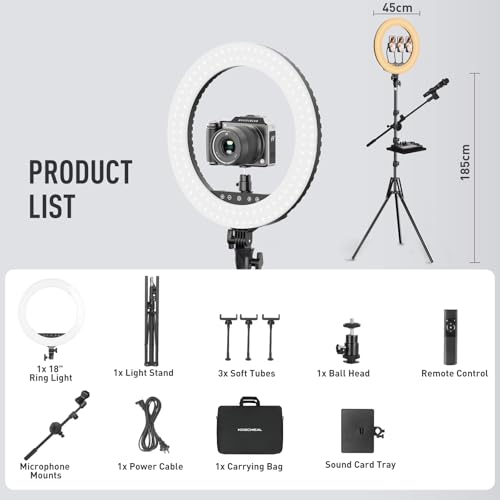 Professional Ring Light Ring with Tripod 18",Adjustable 45cm/3000-6500K Dimmable LED Ring Light with Microphone and Sound Card Holder,Photography for Hairdresser/Professional Camera/TikTok/Youtube